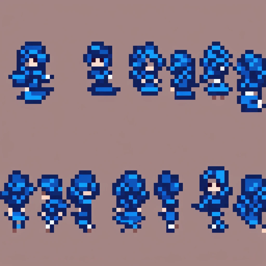 Cute curvy woman with bright blue eyes and 50 on long deep blue hair, high quality 4k, pixel art, digital art