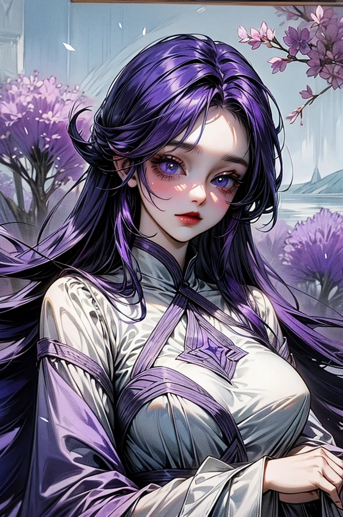 Blue-violet eyes、calm、Purple Hair、Dark look、Long Hair、Beautiful breasts、petal、Landscape