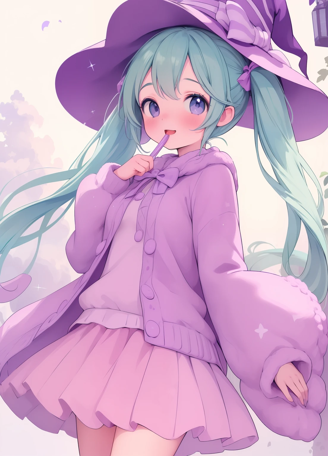 (masterpiece、Highest quality、Highest quality、Official Art、Beautiful and beautiful:1.2)、(One girl:1.3)Hatsune Miku、Twin tails,Beautiful breasts,Highest quality、One Girl、Whole Body Ezbian、Baby Face、Laughing with your mouth open、Cool、Cute eyes、Bunny ears、Purple Wizard Clothes、huge 、purple wizard hat、flare skirt