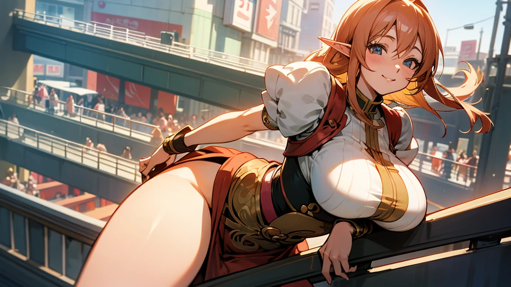 Anime Style,A detailed background with many people,Akihabara,People on the balcony,Smiling Bard Elf,Mature Woman,Large Breasts,Protruding buttocks