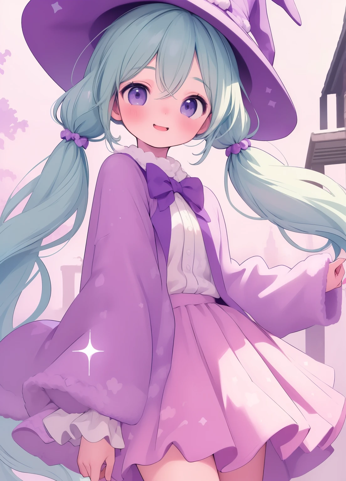 (masterpiece、Highest quality、Highest quality、Official Art、Beautiful and beautiful:1.2)、(One girl:1.3)Hatsune Miku、Twin tails,Beautiful breasts,Highest quality、One Girl、Whole Body Ezbian、Baby Face、Laughing with your mouth open、Cool、Cute eyes、Bunny ears、Purple Wizard Clothes、huge 、purple wizard hat、flare skirt