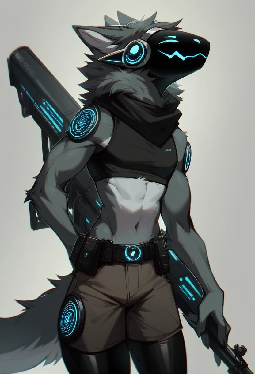 score_9, score_8_up, score_7_up, score_6_up, score_5_up, score_4_up, score_9, score_9, (nsfw), femboy protogen, protogen face, fit girly try body, perfect anatomy, closed eyes, smiling, wearing a black tactical crop top, wearing a black tactical belt, black camo thigh highs, black scarf covering neck, holding a long rifle, in a futuristic city, nighttime, dark, high detail fur, 