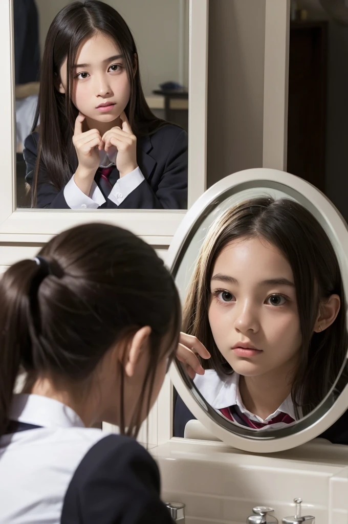 Girl Looking in the Mirror、high school student、uniform、、Touching lips、Anxious look、Dark impression、3rd person perspective、Vanity top,