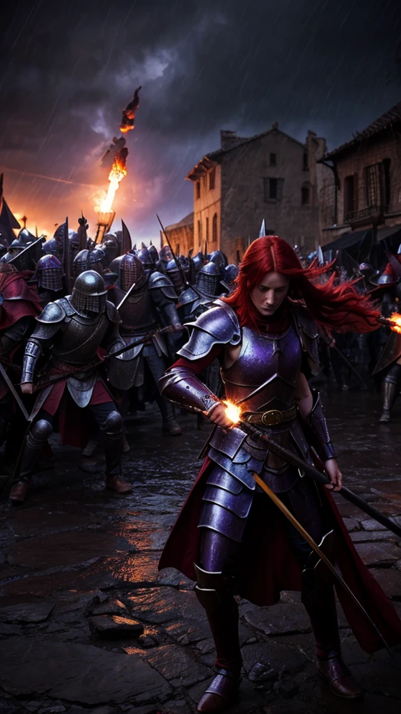 red hair, purple armor, light bearer warriors, medieval city, dark, battle, epic, war, surrealism, 8k, super detail, war, battle against demons, darkness, horror, rain