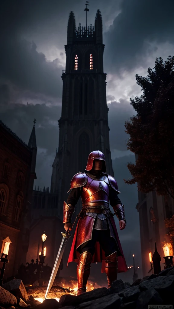 red hair, purple armor, light bearer warriors, medieval city, dark, battle, epic, war, surrealism, 8k, super detail, war, battle against demons, darkness, horror, rain
