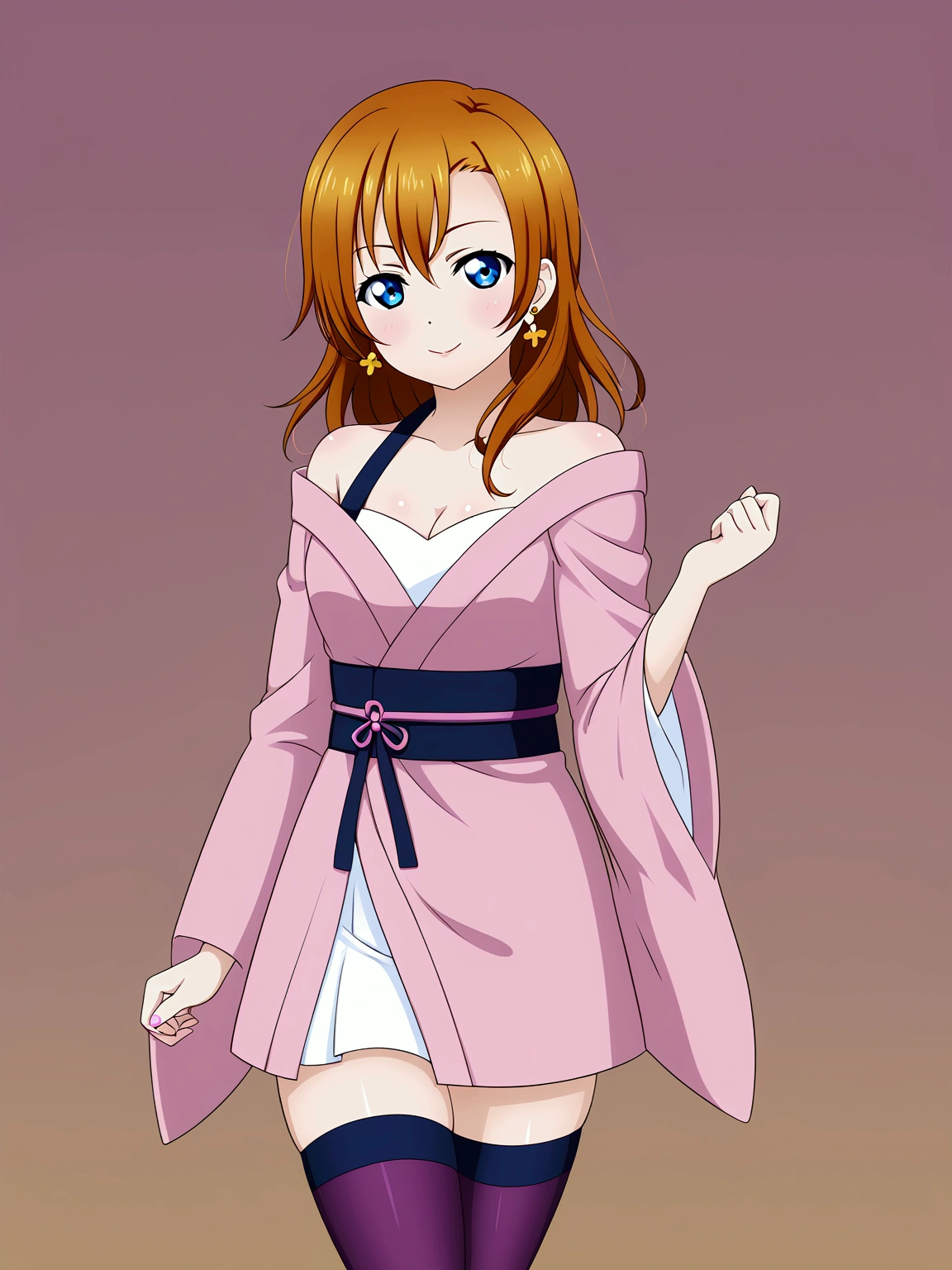 (Masterpiece, Best Quality, High Quality), professional artwork, well drawn, Intricate Details,solo,in village
Kousaka honoka, afternoon
, ultra detail hair, ultra detail face, perfect eyes, earring, Looking at Viewer, pink clothes , off shoulder kimono, cleavage, thighhighs, (thighs), thighs gap,dark orange hair , standing