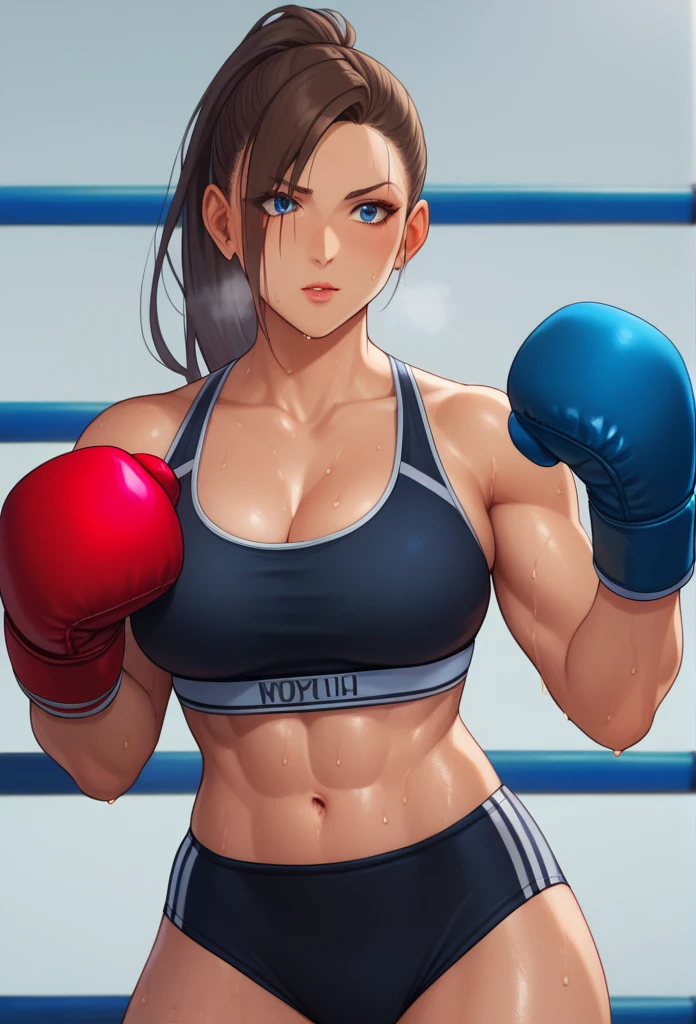 1girl, sports bra, boxing gloves, sweating