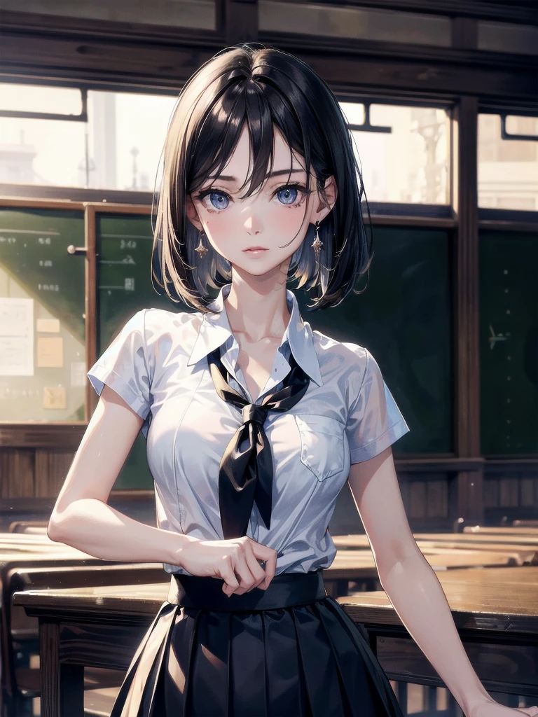whole body, solo, alone, perfect anatomy, correct body, ideal ratio of body proportions, tearful mole, earring, medium hair, black hair, medium tits, classroom, school_uniform, ((school_uniform)), summer shirt, skirt, sleeveless,