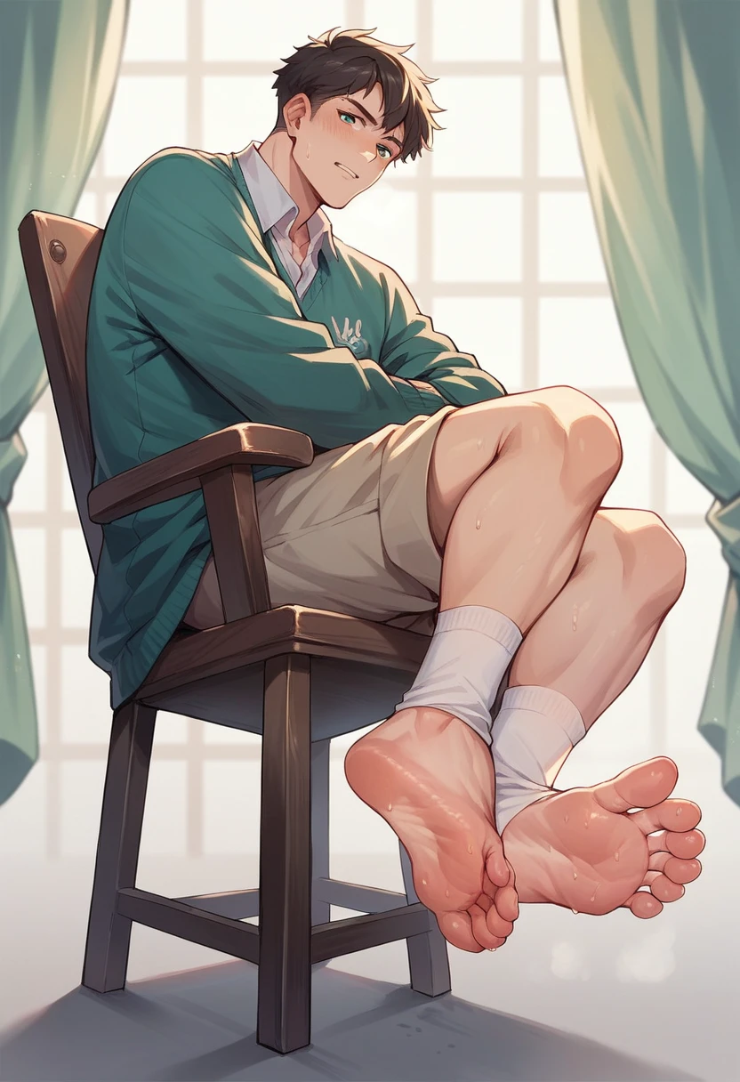 Anime boy Naruto very wet sweaty socks under chair showing his feet soles so very close to the camera