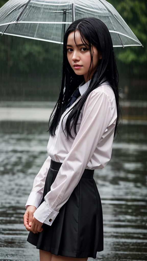 1girl, long black hair, uniform, shy, blush, wet, rain, transparent, (masterpiece, best quality), soft light, cinematic composition, cinematic light