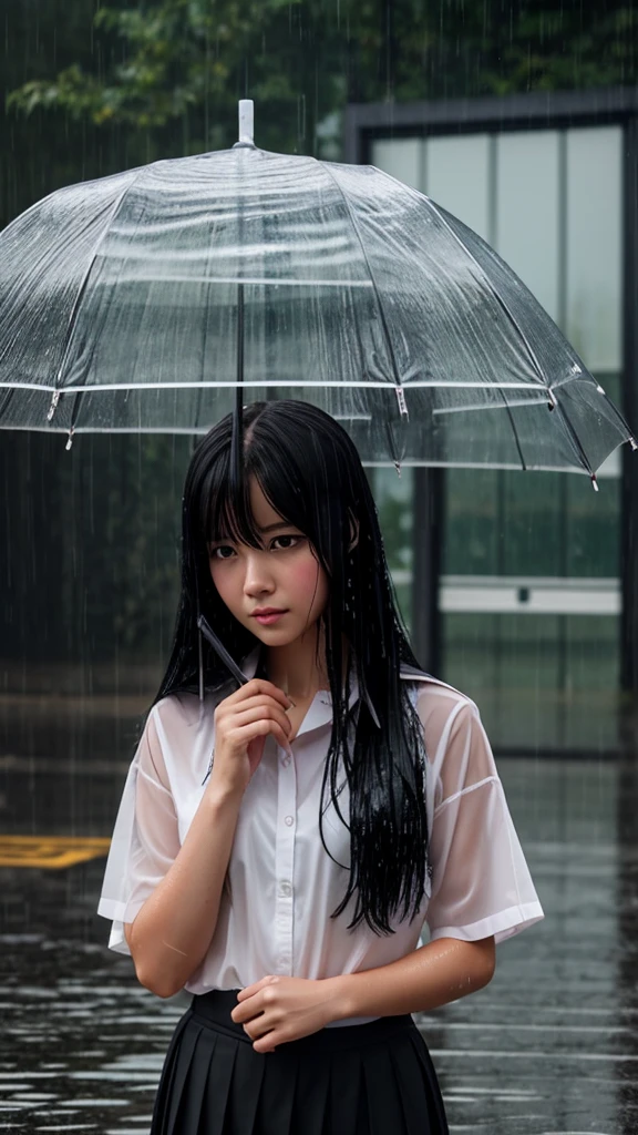 1girl, long black hair, uniform, shy, blush, wet, rain, transparent, (masterpiece, best quality), soft light, cinematic composition, cinematic light