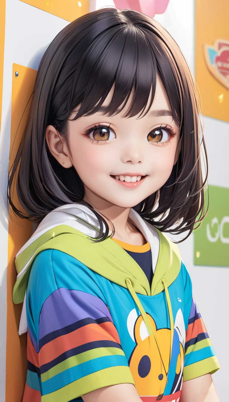 8 black haired girl,Elevation,Close-up smiling face'Eyes wearing silver-white mirrored lens sunglasses、I looked at the world reflected in the lenses of my sunglasses...(Side Pony,Colorful Hair),