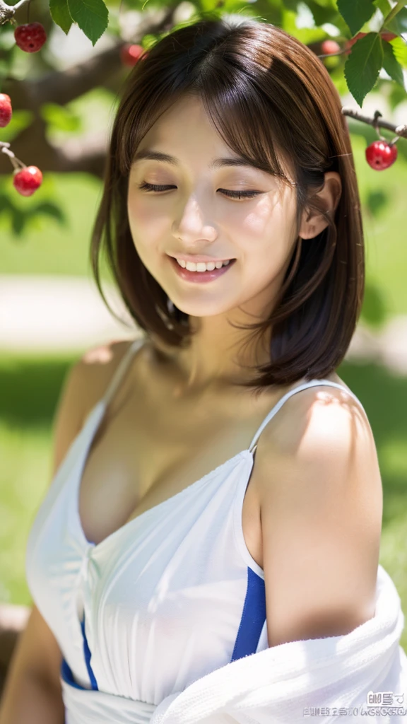 ((最high quality, 8k, masterpiece: 1.3)), (close:0.75), Realistic, Sharp focus, high quality, High resolution, Japanese women、18-year-old、Idol face、Chubby body type、Her breasts are huge, measuring 40 inches. {Pure white dress}, ((Very strong sunlight)), smile, Brown-haired berry shorthair,Looking at the camera from the shade of a tree with eyes and mouth closed、Upper body image、smileのアップ8K画像、