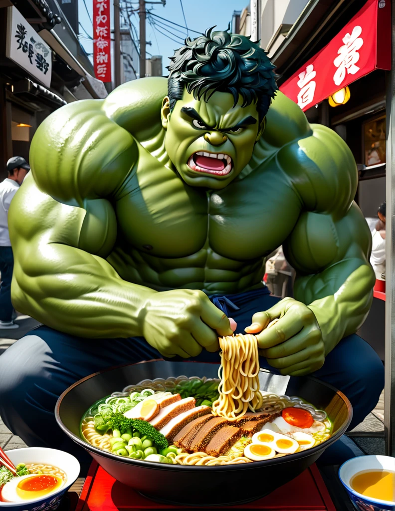 a picture of Nice Hulk eats tons of supersized ramen at Fukuoka street food style, he enjoys all of ramens passionately, wintessed by shocked and awed ramen vendor, realistic with strong influence of Don Lawrence Style