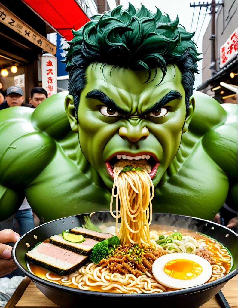 a picture of Nice Hulk eats tons of supersized ramen at Fukuoka street food style, he enjoys all of ramens passionately, wintessed by shocked and awed ramen vendor, realistic with strong influence of Don Lawrence Style