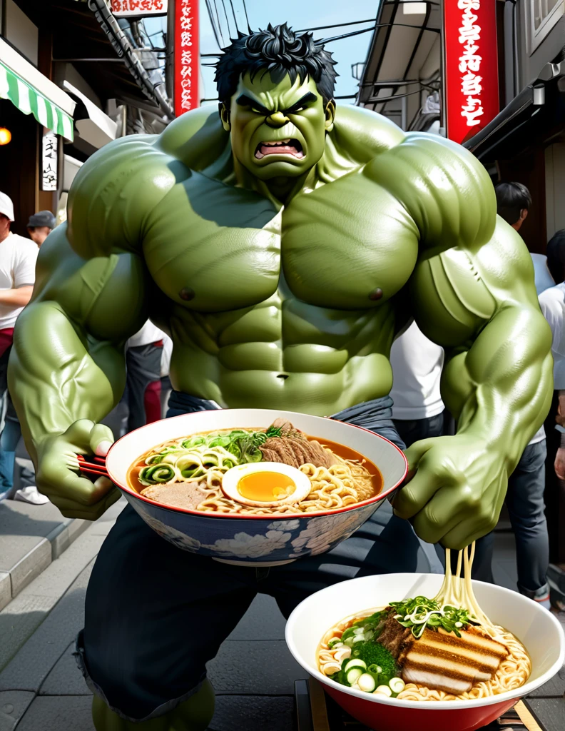 a picture of Nice Hulk eats tons of supersized ramen at Fukuoka street food style, he enjoys all of ramens passionately, wintessed by shocked and awed ramen vendor, realistic with strong influence of Don Lawrence Style