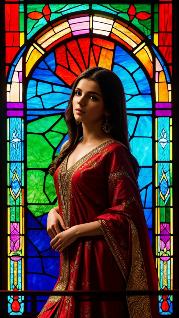 (masterpiece, top quality, best quality,official art, beautiful and aesthetic:1.2),(1girl:1.3), 1girl BREAK stained glass art, colored glass, lead lines, light transmission BREAK vibrant colors, intricate designs, luminous effects, spiritual ambiance