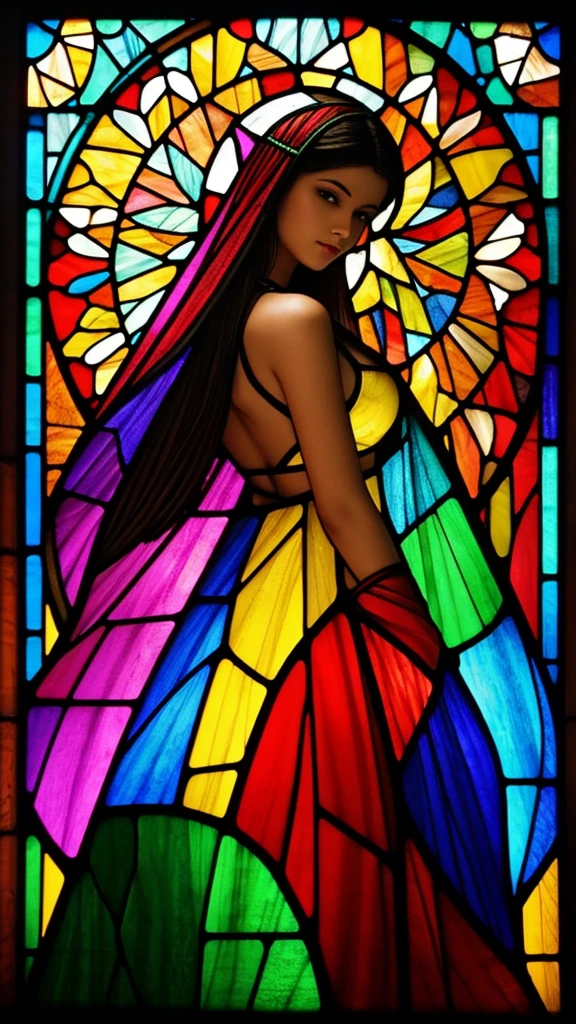 (masterpiece, top quality, best quality,official art, beautiful and aesthetic:1.2),(1girl:1.3), 1girl BREAK stained glass art, colored glass, lead lines, light transmission BREAK vibrant colors, intricate designs, luminous effects, spiritual ambiance