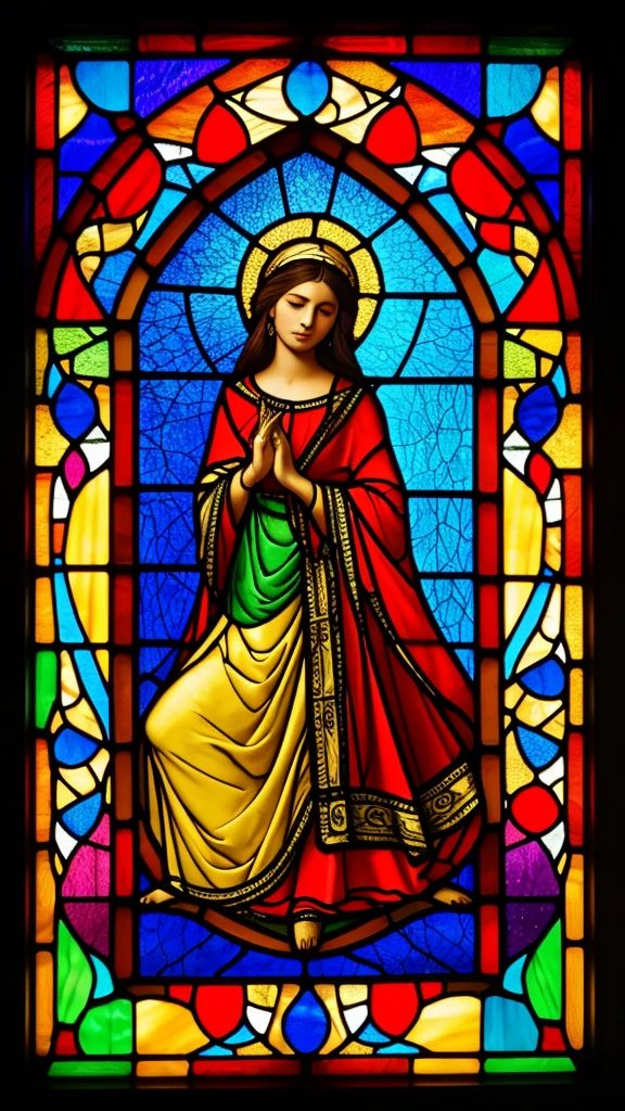 (masterpiece, top quality, best quality,official art, beautiful and aesthetic:1.2),(1girl:1.3), 1girl BREAK stained glass art, colored glass, lead lines, light transmission BREAK vibrant colors, intricate designs, luminous effects, spiritual ambiance