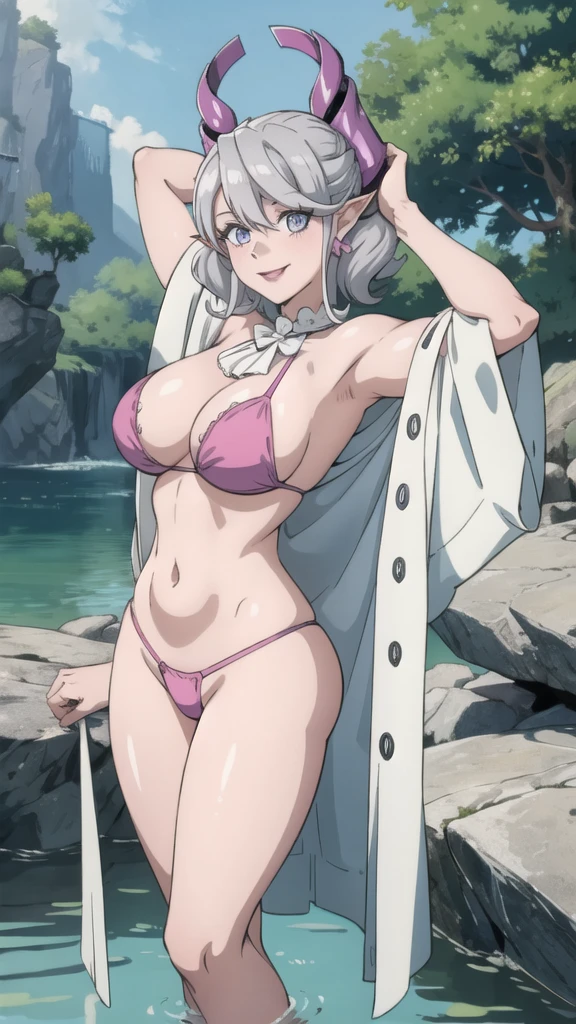 Waterfalls High level image quality best image quality 8K adult woman background a lake in the middle of jungle outside more colors whole body view portrait wearing dark pink bikini white horn ears short hair((shortcut)(gray hair)(perm)(fluffy)) eye color is blue , , attractive evil face , smile , sexy pose , labrynth , barearm , both arms over head , wearing pink , one leg on rock , standing ,