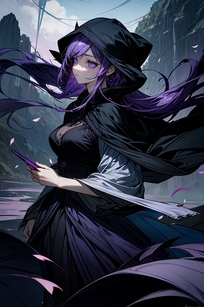 Blue-violet eyes、calm、Purple Hair、Dark look、Long Hair、Beautiful breasts、petal、Landscape、Black hood