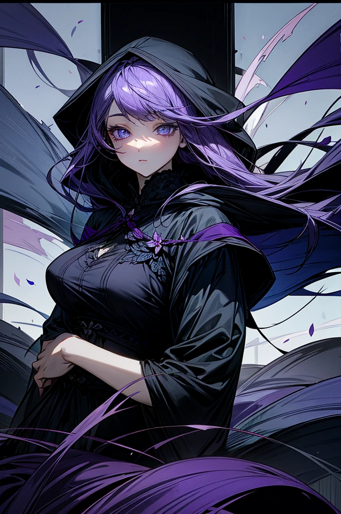 Blue-violet eyes、calm、Purple Hair、Dark look、Long Hair、Beautiful breasts、petal、Landscape、Black hood