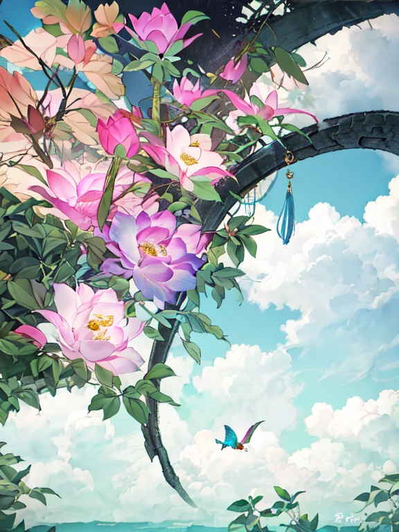 bright, Shine, flower園, flower畑,Money, Surreal illustration, Otherworldly, Highly detailed and magical lighting, Intricate forest details, Surrounding vegetation and river, Solarpunk ,landscape, , Beautiful foliage with beautiful lighting and realistic proportions, Like a movie background, 8k, Highest quality, masterpiece, 空のcloudと星.baptism,Baptism,Garden of Eden,Colorful,夢のようなlandscape, cloud, light piercing through the cloud, Reflection on the surface of the water, Gentle waterfall,flower々, flower ,Quiet atmosphere, Richness in details, Surreal beauty, Magical Aura, ファンタジーlandscape, High quality digital art, Vibrant colors, Fantastic lighting, Enchanting atmosphere, Artistic Expression, Otherworldly feeling, Beautiful brushwork, Magnificent View, Peaceful tranquility, Immersive Experience, Breathtaking views, Picturesque views, Mysterious charm, Mysterious atmosphere, Nuances, A magical dream. There are no people, Nobody is here