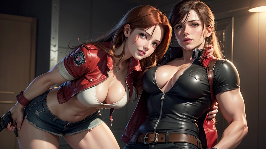 Claire Redfield Resident Evil, full body leaning side position , open jacket without buttons , Topless, beautiful medium breasts showing , sexy e semi nua, ripped mini skirt with beautiful smile,, hands touching your own breasts, , long hair, surreal, 4K