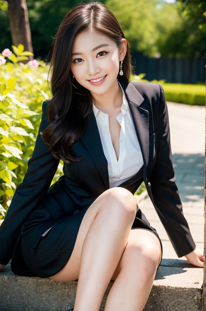 Pure Japanese young girl, outstanding body, beautiful legs, wearing formal suits, high heels, vivid makeup and lips, thick eyebrows, formal black hair styles, sweet smile, professional portrait photography, sitting in summer sunlight,