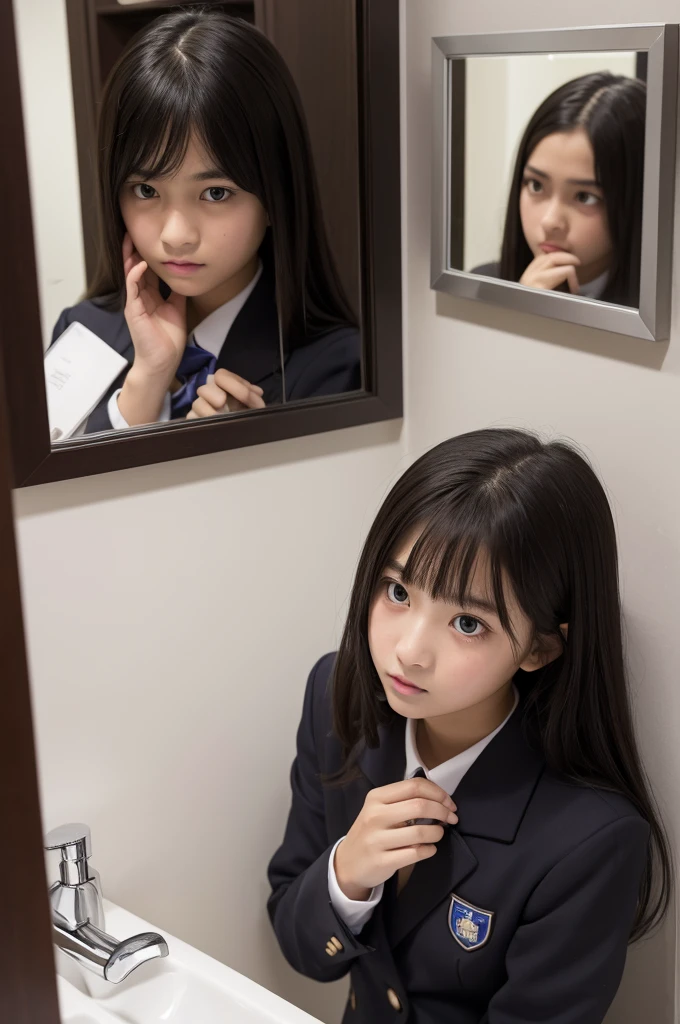 A girl looking in the mirror、high school student、uniform、Touching lips、Anxious look、Dark impression、3rd person perspective、Vanity top