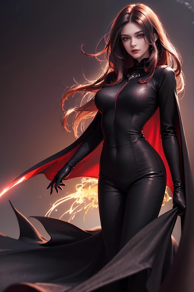 (skindentation:1.5), Realistic, Photorealistic, (masterpiece:1.5), concept art, intricate details, highly detailed, photorealistic, octane render, 8k, unreal engine, dynamic pose, best quality, highres, (realistic face:1.1), (hyperrealistic:1.1), (((full_body))), perfect eyes,(shiny skin:1.2), (((hairstyle))), (((perfect handtremely detailed background), ((dynamic background)), ((1girl)), (((wearing black jumpsuit, dark red long wizard cape))), ((detailed eyes, high quality eyes, high quality face)), (extremely intricate cape), red long hair, dramatic, depth of field, bokeh, 4k, (((underworld))), ((floating in the air)), (((black magic witch))), (((fierce eyes))), heavy eye makeup