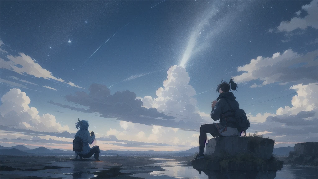 真っ暗なnight空,Octane, star (null), scenery, Blue parakeet,star, night, A girl back to back, sit,Back view,Outdoor, city,Blue parakeet,building, cloud, 天のriver,silhouette