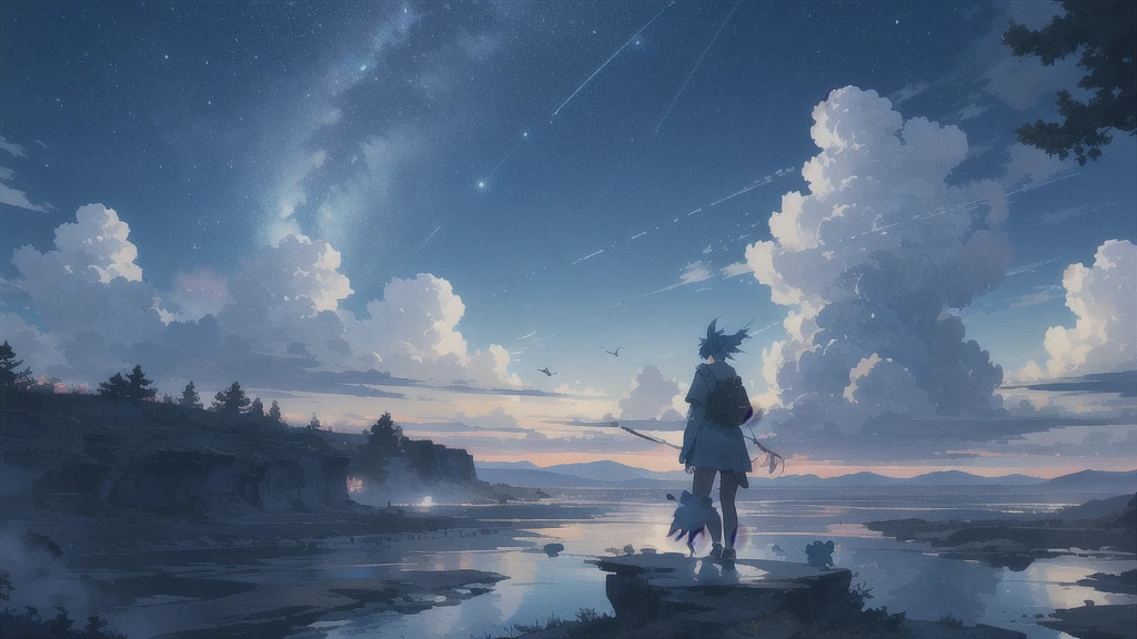 真っ暗なnight空,Octane, star (null), scenery, Blue parakeet,star, night, A girl back to back, sit,Back view,Outdoor, city,Blue parakeet,building, cloud, 天のriver,silhouette
