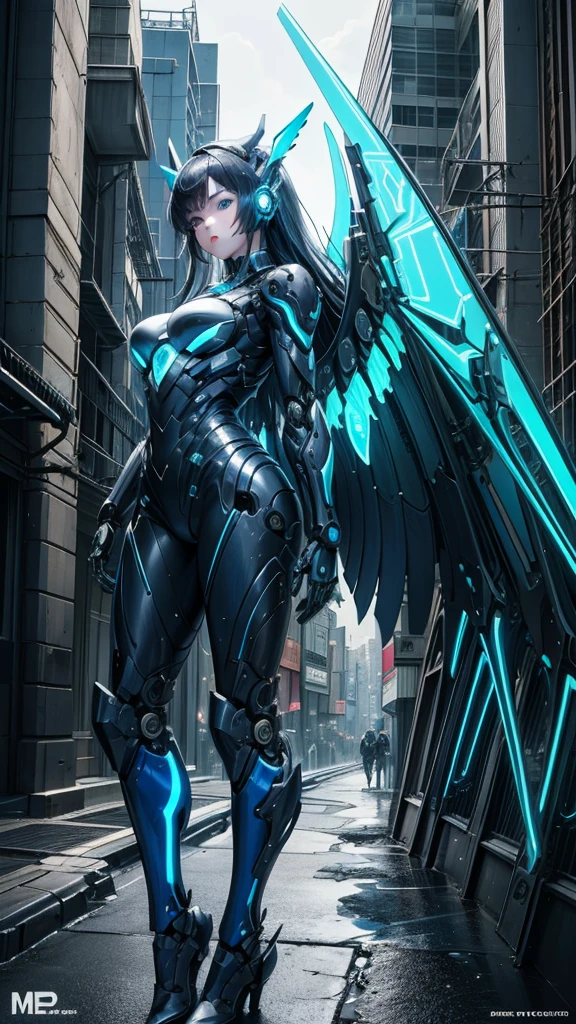 ​masterpiece、super elaborate、top-quality、Ultra-detail、very detailed illustration、ighly detailed、intricate-detail、hight resolution、super complex details、Highly detailed 8k CG wallpapers、Caustics、Reflectors、Ray traching、1girl in:1.4)、solo、alone、(Blue_theme:1.3)、(greys_theme:1.3)、(mecha musume、machine components、Robot Joint、echanical arms、mechanical legs、head gear、Complex mechanical bodysuit、Mechanical Energy Winechanical wings、Electromechanical parts、Cyber Parts、robotics、 Dynamics)、(gown)、Very long hair、Aoi hair、 blue eyess、radiant eyes、Eye trajectory、random facial expression、TOKYOcty(shibuya)、City、Night time、Sateen、((Neon light、Blue Neon Light))、(Detailed background、City、Building Street、Green grass)、((​masterpiece))、absurderes、nffsw、(Classic Headshot Pose)、cyberpunkcity、​masterpiece、hight resolution、A detailed、