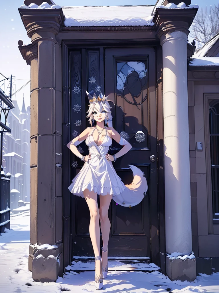 great quality ++ Extremely detailed high resolutionolution, very aesthetic, expressive eyes, (((Perfect face))), (((face symmetrical))), ((good anatomy)), (((perfect hands))), (((8k))), UHD, hd wallpaper, (((detailed high cal, (((((1girl)))))), only, Masterpiece, The best quality, high resolution, Highly detailed, (illustration), Beautiful detailed eyes, ((((full body))), (((solo))), (((((koyan-la1))))), (((smiling))), (((fusion))), (((agglutination))), (((Combination))), (((((White hair))))), (((blue eyes))), (((ponytail))), (((white dress))), (((jewelry))), (((necklace))), (((earrings))), only, jaeces, earrings, long hair, parody, (((scar))), (((scar ocular))), (((hair ornament))), (((winter castle background))), (((office background))), (((hand on hip))), (((strolling))), Side ponytail, scar en la cara, Upper part of the body, (((fox tail))), (((fox ears))), (((tiara))), (((jewelry))), (((earrings))), (((neckline trimming))),