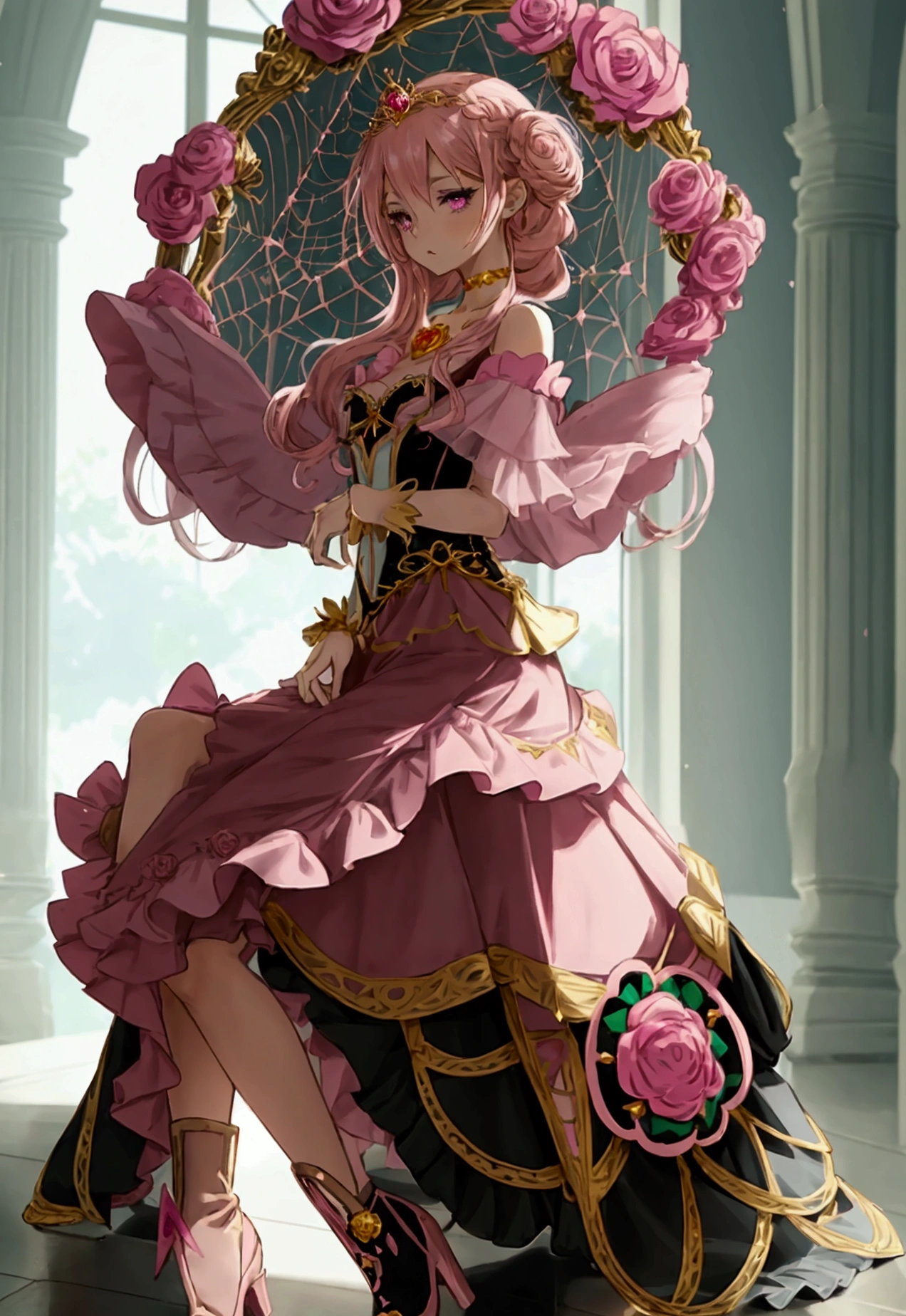 Create an anime-style girl with (((deep magenta eyes and long, wavy pink hair))) ((styled in an elegant frenchbraid)). (((She is slender with small breasts))). ((Ensure a full-body shot of her)) wearing a (((magical girl-themed outfit.))) ((The outfit features a fitted bodice with a sweetheart neckline, gold embroidery, and pastel pink accents. The bodice has delicate rose gold spider web patterns. She wears a multi-layered knee-length skirt with a high-low hemline, the outermost layer sheer with gold and rose gold spider web patterns. She has off-the-shoulder puff sleeves, arm-length pastel pink gloves with gold trim, and a gold choker with a red gemstone. The outfit includes a short, detachable sheer cape with rose gold spider web patterns and is fastened with gold brooches. She wears pastel pink ankle boots with gold heels and rose gold laces. Accessories include a gold tiara with a red gemstone and gold spider-shaped hairpins.)) The overall look is regal and ethereal, with magical glowing effects. cutesexy, purinpuon pixiv, no future, a hyperrealistic , hyperrealistic , realistic , seductive (anime girl), smooth anime cg art, beautiful alluring anime teen, (purinpuon pixiv), ((magical girl)), (masterpiece), best quality, expressive eyes, perfect face ((Highest quality))、((4K))、((Full Body Shot: 1.5))、ultra detailed, masterpiece, best quality, solo ((purinpuon pixiv, no future)) (((purinpuon pixiv, no future)))