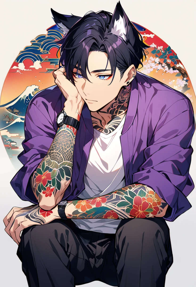 1man, short black hair, fox ears, bright blueviolet eyes, wearing a purple casual jacket, wearing a white undershirt, wearing black pants, wearing a vintage blueviolet watch, japanese style tattoos, colorfull tattoos, tattoos all over the arms, resting head with hand