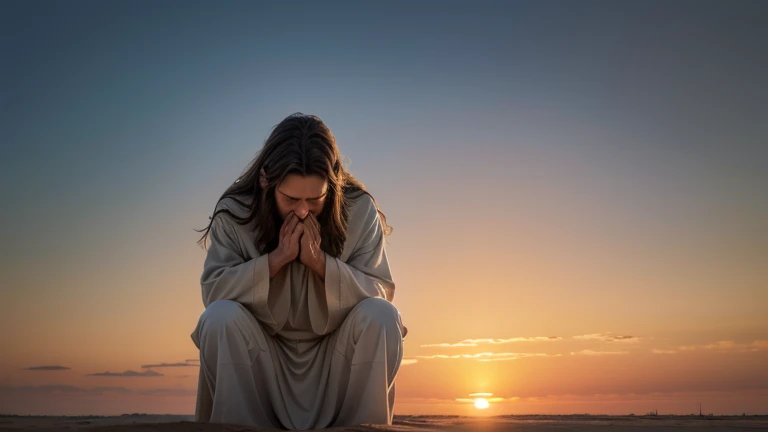 help me create an image of jesus christ praying at sunset