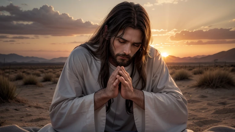 help me create an image of jesus christ praying at sunset