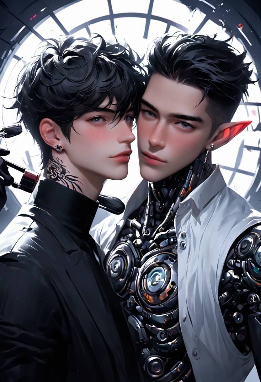 2 guys ethereal demonic 25 year old anime guy male druids, with metallic long pale blond hair, delicate masterpieceintimate delicate etched glowing neon tattoos, Fabulous full view painting of a winking beautiful and gorgeous elf ((male)) almostkissing, perfect face, blue/black pastel eyes, long white/black wisp hair, freckles, piercings and tattoo foil print neonbody art, laboratory experiment, perfect anatomy, centered, almost perfect, dynamic, very detailed, glowing, artstation, concept art, soft and sharp focus, art by Carne Griffiths and Wadim Kashin, airbrush graffiti techniques, high-definition accent lighting, epic, elven atmosphere, contrasted with vibrant paint colors., futuristic cyborg in the year 2950,