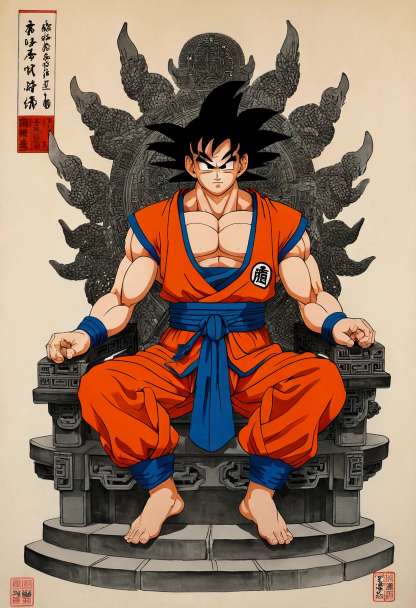 (masterpiece, best quality: 1.2), traditional Chinese ink painting , goku dressed as god of destruction,  sitting on throne 