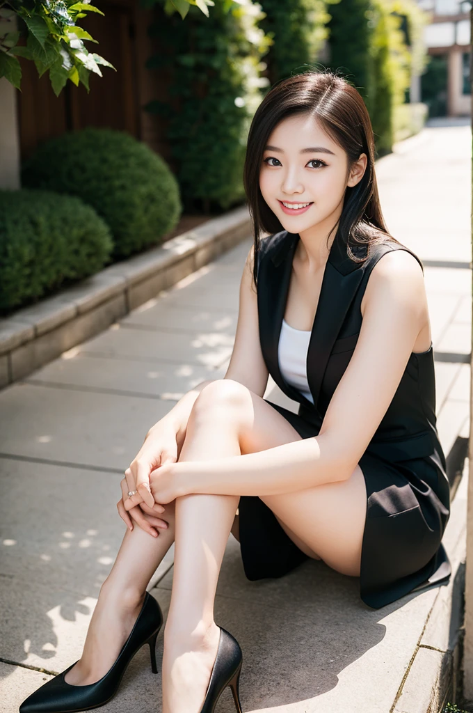 Pure Japanese young girl, outstanding body, beautiful legs, wearing formal suits, high heels, vivid makeup and lips, thick eyebrows, formal black hair styles, sweet smile, professional portrait photography, sitting, summer sunlight,