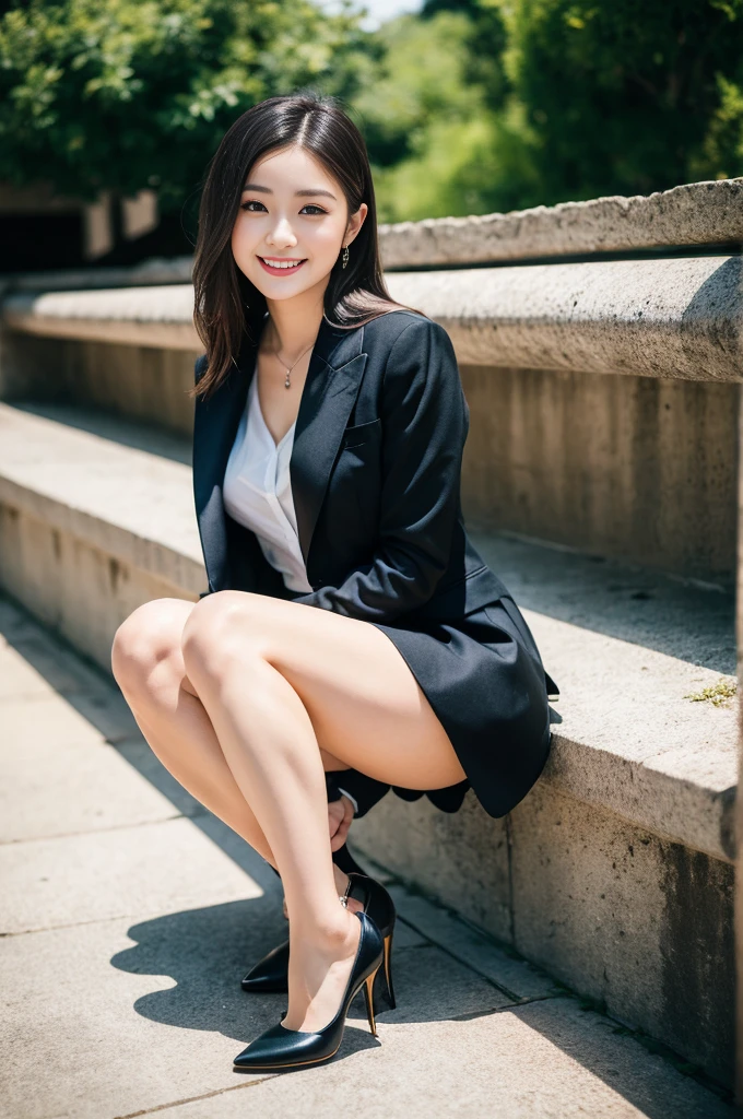 Pure Japanese young girl, outstanding body, beautiful legs, wearing formal suits, high heels, vivid makeup and lips, thick eyebrows, formal black hair styles, sweet smile, professional portrait photography, sitting, summer sunlight,