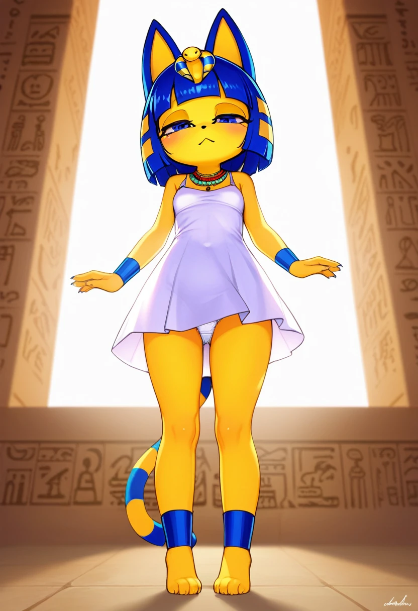 [isaCrossing], [Isabelle; Animal Crossing], [Uploaded to e621.net; (Pixelsketcher)], kemono, dagasi, solo female ankha \(animal crossing\) with ((tiny and short body with yellow fur)), (full body), (blue hair), (blue eyes), (yellow and blue striped cat tail), ((anthro furry)), ((wearing a short tight white dress:1.4)), (cute white panties), (cleavage), (egyptian necklace), ((small breasts)), (detailed fluffy fur), (front view), (viewed from below), ((crossing her arms)), (standing), (condescending expression), (seductive pose), (neutral expression), (half closed eyes), (detailed background, egyptian temple background, depth of field, half body shadow, sunlight, ambient light on the body), (intricate:1), (high detail:1.3), (unreal engine:1.2), (soft focus:1.15), [explicit content, questionable content], (masterpiece, best quality, 4k, 2k, shaded, absurd res)