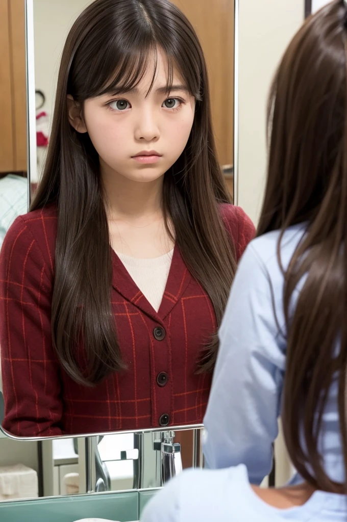 A high school girl worries when looking in the mirror、3rd person perspective、The girl and the person in the mirror look the same