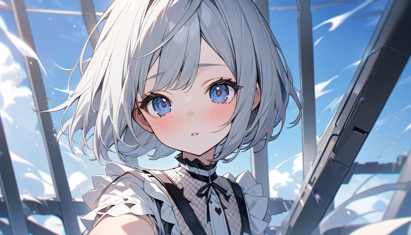((high quality,最high quality,8k,Best image quality))Girl 1,Young,cute,(Gray Hair:1.2),,cute,(Short Bob:1.2),Less exposure,Upper body only、(Dark blue eyes:1.1)、(White frills:1.1),(White frillsドレス:1.3)、White gothic clothing,Selfie,Blue sky、Strong winds