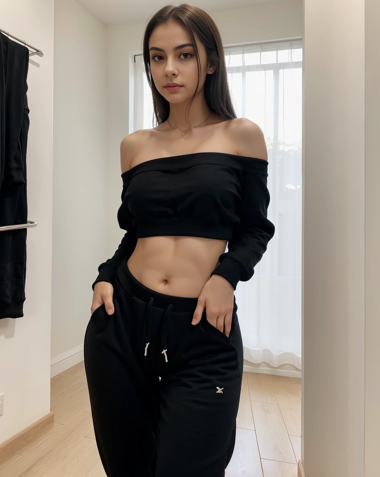 A (beautiful) young Brazilian girl, (extremely pale skin:1.2), (straight black hair:1), (small pointed nose, full lips, pointed chin, small face), (slim body), (small shoulders:1.6), (slim waist and thick hips:1.4),(small torso:1.4), (extremely thick hips:1.6), (very thick thighs:1.6). 19 years old, posing confidently. wearing a (black sweatpants:1.4), with a (black sweatshirt:1.4), casual and elegant clothing. standing facing forward, in a room, showing the pool in the background.
