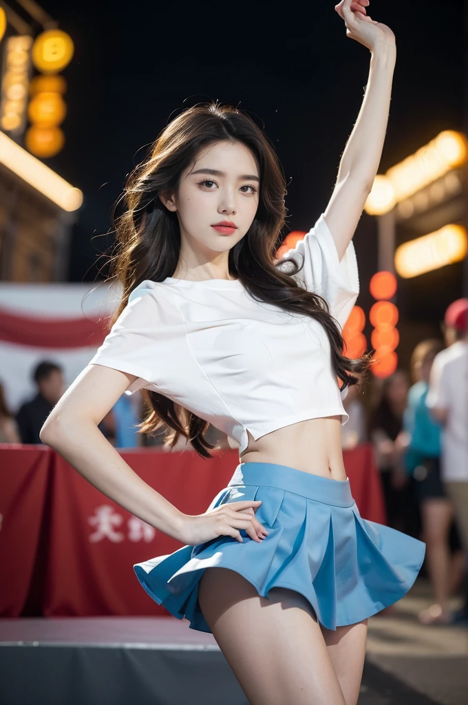 (((best quality))), (((ultra detailed))), (((masterpiece))), illustration,((a beautiful girl,solo)),((slim,thin)),((small breasts,flat chest,claviclis,navel)),(blue-sleeved white short-sleeved shirt:1.5),(blue mini-skirt:1.3),(slender legs:1.2),dancing,((on a stage,outside a shopping mall, at the entrance of a beer promotional event,on the street)), ((surrounded by crowded crowds)),((her hair and the edges of her skirt fluttering in the air)), the girl's attire reflecting the vibrant spirit of summer, a sense of youthful charm and confidence exuding from her, her hair flows freely in the wind, the fluttering skirt accentuating her graceful movements, her expressive eyes and infectious smile drawing people closer, the stage adorned with colorful decorations, the vibrant atmosphere enhanced by the enthusiasm of the crowd, onlookers of various ages captivated by her performance, clapping, cheering, and taking photos, the girl's graceful dance transforming the ordinary streets into a vibrant and lively venue, her energy and charisma captivating the audience, the scene encapsulating the spirit of summer and the beauty of artistic expression,(night scene:1.3),(from front:1.3)