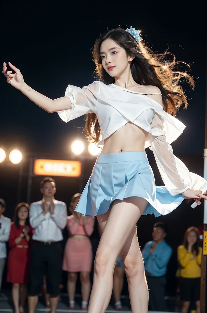 (((best quality))), (((ultra detailed))), (((masterpiece))), illustration,((a beautiful girl,solo)),((slim,thin)),((small breasts,flat chest,claviclis,navel)),(blue-sleeved white short-sleeved shirt:1.5),(blue mini-skirt:1.3),(slender legs:1.2),dancing,((on a stage,outside a shopping mall, at the entrance of a beer promotional event,on the street)), ((surrounded by crowded crowds)),((her hair and the edges of her skirt fluttering in the air)), the girl's attire reflecting the vibrant spirit of summer, a sense of youthful charm and confidence exuding from her, her hair flows freely in the wind, the fluttering skirt accentuating her graceful movements, her expressive eyes and infectious smile drawing people closer, the stage adorned with colorful decorations, the vibrant atmosphere enhanced by the enthusiasm of the crowd, onlookers of various ages captivated by her performance, clapping, cheering, and taking photos, the girl's graceful dance transforming the ordinary streets into a vibrant and lively venue, her energy and charisma captivating the audience, the scene encapsulating the spirit of summer and the beauty of artistic expression,(night scene:1.3),(from front:1.3)