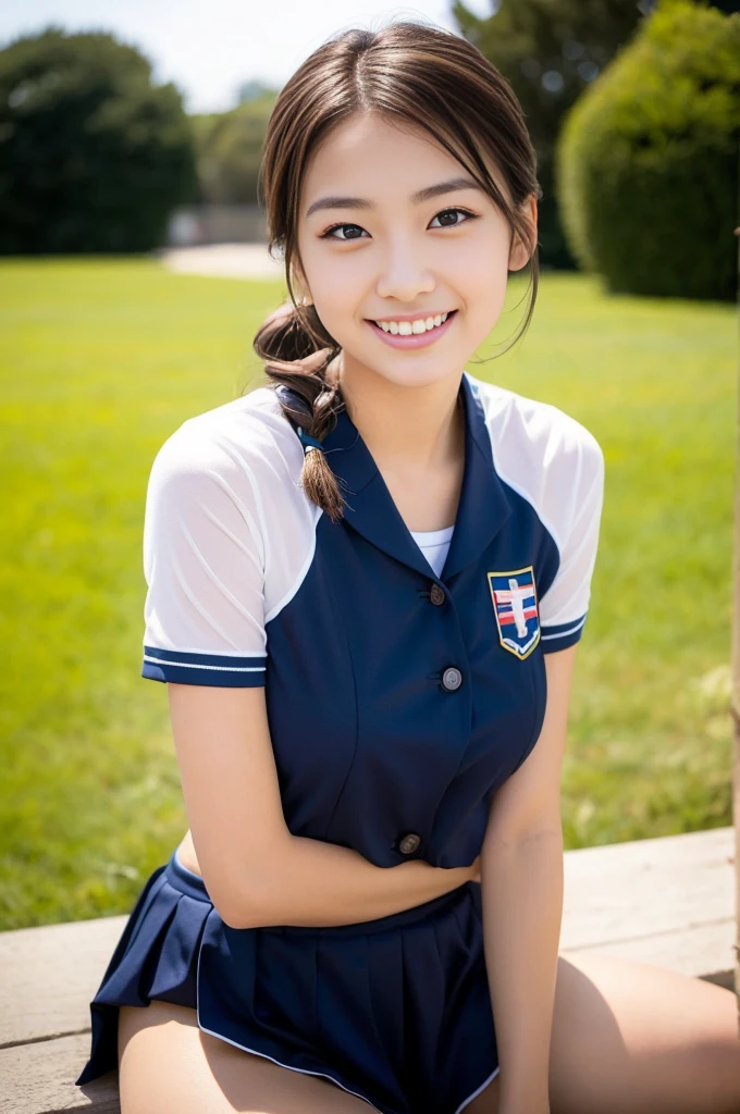 (a beautiful girl posing in a flower garden, (((full bodyesbian)))、((Girls' High School Uniforms)), short-haired, with a charming smile, realistic skin textures, hyper-realism, photorealistic, beautiful detailed eyes, high contrast, ultra HD, top image quality, fine details, very meticulously)